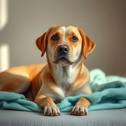 A happy, healthy Labrador Retriever gazing contentedly, representing a satisfied and well-cared for pet.